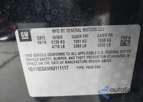 2017 Chevrolet Impala 1Lt из США, поврежденный, VIN 1G1105SA9HU111117